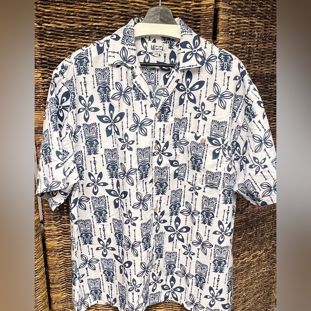 Brand-Uzzi- Blue Tiki Patterned Men's‎ Shirt, Blue/White, Size: XXL, Pre-Owned